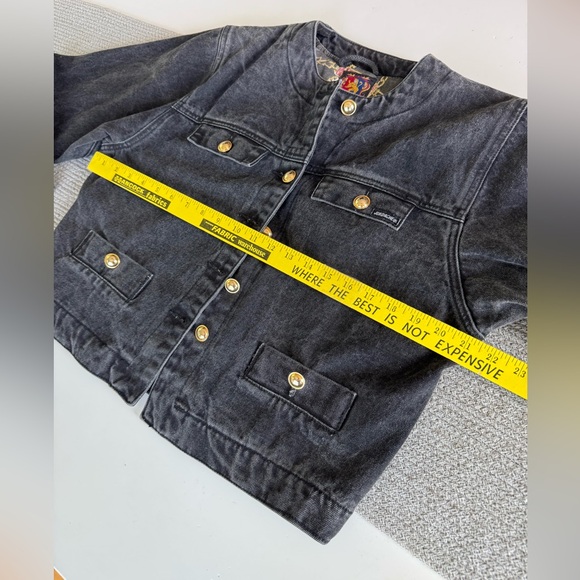 Vintage Jordache Black Acid Wash Cropped Denim Jean Jacket Brass Buttons Medium - Picture 8 of 10